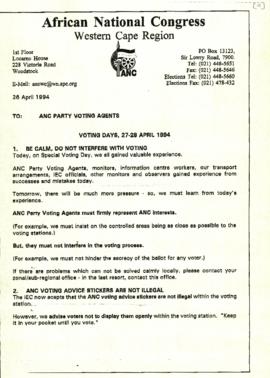 Memo from African National Congress, Western Cape Region, to ANC voting agents