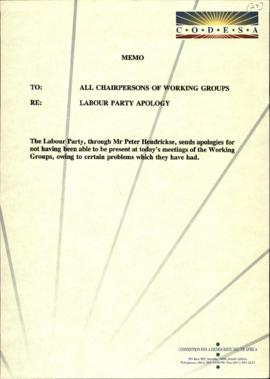 To Chairperson's of Working groups from CODESA Administration re: labour Party apology