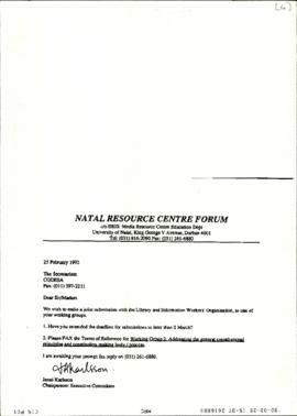 Copy of letter from Natal Resource Centre Forum to The Secretariat re: joint Submission with the ...