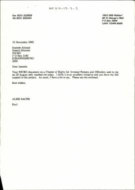 Letter to Jeanette Schmid Branch Director of NICRO from Albie Sachs