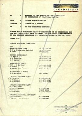 Fax cover to members of GAC and co-ordinators of political parties