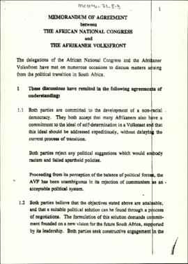 Memorandum of Agreement between the African National Congress and the Afrikaner Volksfront