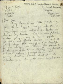 Handwritten letter to Prof Jame Read from  Albie