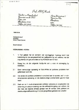 Copy of fax letter from Prof. AWG Raath to the Secretariat re: Submission to CODESA