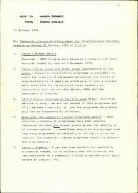 Community Liaison-briefing paper for Constitutional Assembly session on Monday 31 October 1994 at...