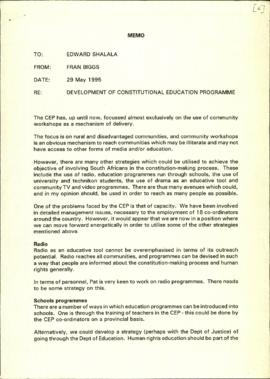 Memo 29 May 1995. Re: Development of Constitutional Education programme