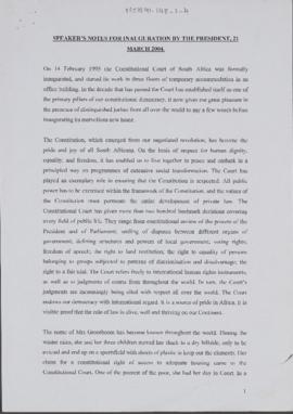 Speaker's Notes for Inauguration by the President, 21 March 2004 [and related documents]