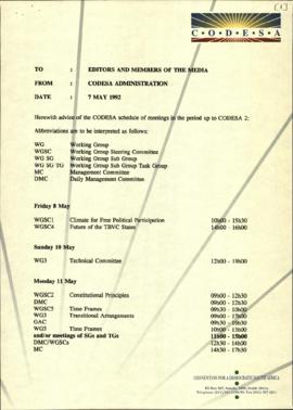 Fax dated to Editors and Members of the Media re: Schedule of meetings in the period up to CODESA 2