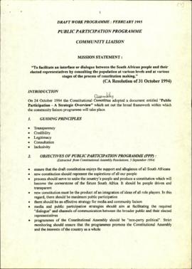 Draft Work Programme: February 1995. Public Participation Programme Community Liaison