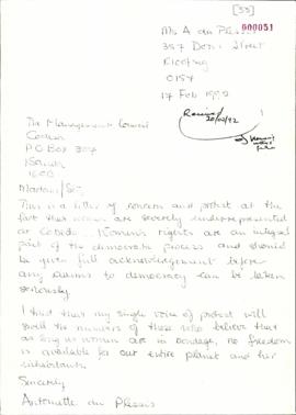 Letter from Antoinette Du Plessis