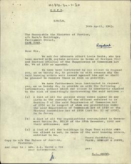 Letter from H.J. Brown of  Frank, Bernadt and Joffee to The Honourable Minister of Justice on beh...