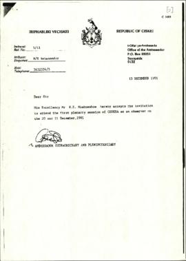 Ciskei Govt. (attached: acceptance by Ciskei ambassador)