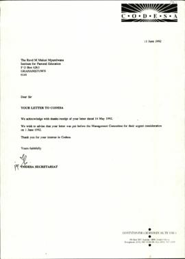 Correspondence between Revd M Malusi Mpumlwana of The Institute for Pastoral Education and CODESA...