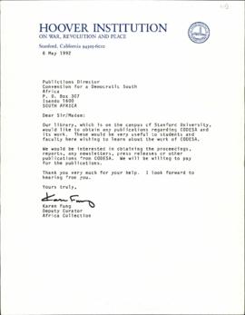 Letter from Karen Fung of Hoover Institution to CODESA re: Request for documents on CODESA for Li...