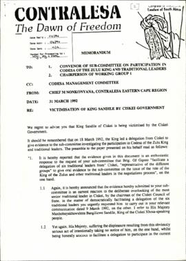 Memorandum regarding the victimization of King Sandile by Ciskei government from Contralesa