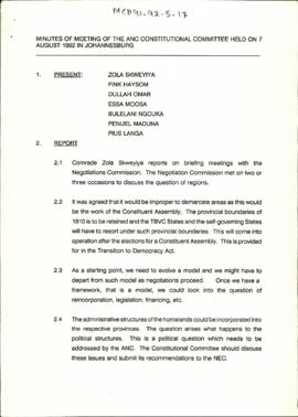 Minutes of Meeting of the ANC Constitutional Committee Held on 7 August 1992 in Johannesburg