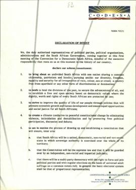 Declaration of Intent (copies) as discussed by delegates at CODESA 1