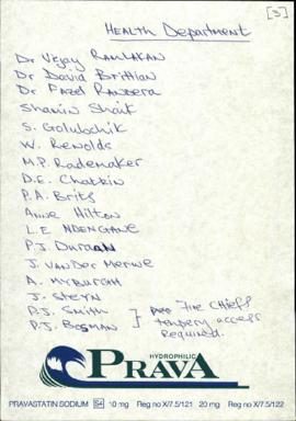 Handwritten list of Health Services staff