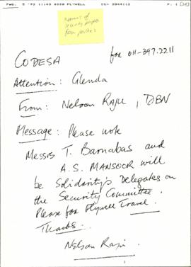 Handwritten copy of fax from Nelson Raju