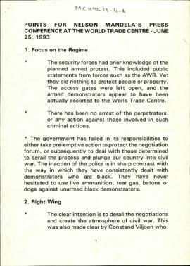 Points for Nelson Mandela's Press Conference at the World Trade Centre - June 25, 1993