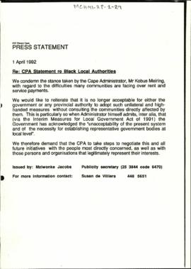 Re: CPA Statement re Black Local Authorities