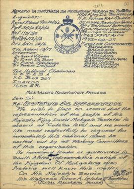 Batlokwa Tribal Authority (Attached are two letters, one to CODESA regarding the death of Mr Monn...