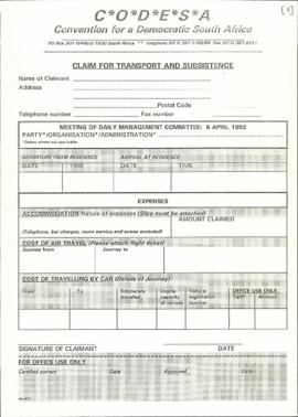 Claim Forms for Transport and Subsistence