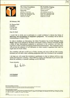 Letter from A.M. Rosholt of The Urban Foundation to Dr Theuns Eloff re: invitation to participate...