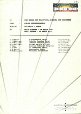 To ZKTL Subcommittee from CODESA Administration re: Draft minutes of 18/3/92 and agenda