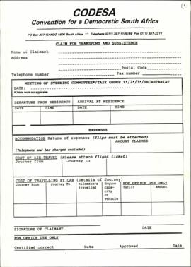 Claim for Transport and Subsistence