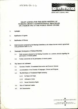 Draft Agenda for the Sixth Meeting of Working Group 2 (Constitutional Principles) on 2 March 1992...