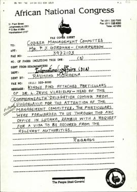 Copy of fax letter from Raymond Mokoena of African National Congress to PJ Gordhan re: particular...