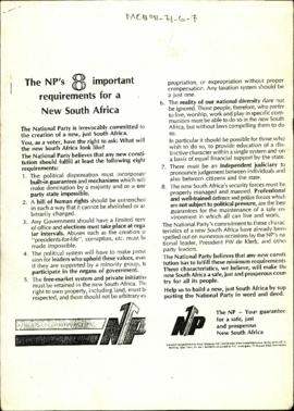 The NP's 8 important requirements for a New South Africa [and related documents]