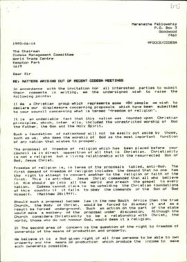 Letter from Maranatha Fellowship re: Matters Arising Out of Recent Codesa Meetings