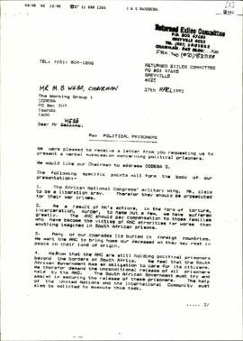Return Exiles Committee: political prisoners in the ANC