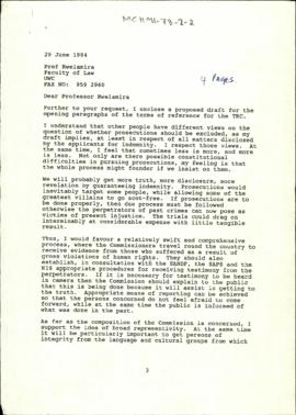 Letter from Albie Sachs to Professor Rwelamira on the formation of the TRC