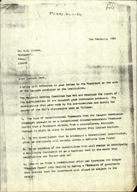 Letter to Dr. H.J. Simons from Administrative Secretary of the ANC Ruth Mompati