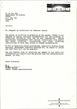Copy of reply letter from Murphy Morobe to Dr AT Van Wyk of UNISA re: Request by Historians for O...