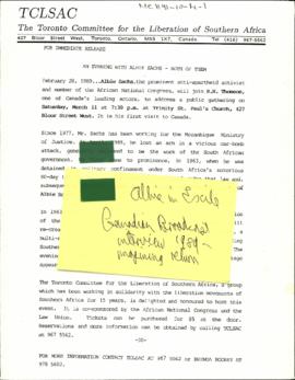 An Evening with Albie Sachs [and related documents]