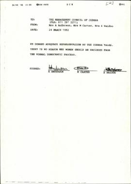 Fax letter from Mrs A Anderson, Mrs M Carter and Mrs S Naidoo to the Management Committee re: Rep...