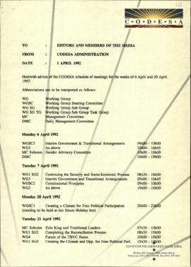 Fax dated to Editors and Members of the Media re: Schedule of meetings for the weeks of 6 April a...