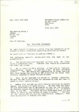 Letter to Mr Dalling from Return Exiles Committee: re Political prisoners