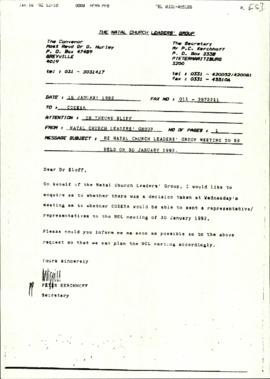 Fax from Natal Church Leaders Group to Dr Eloff : meeting on 30 January 1992