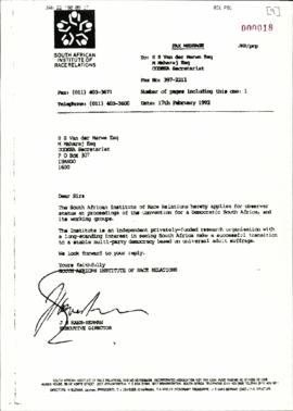 Letter from South African Institute of Race Relations to SS Van der Merwe