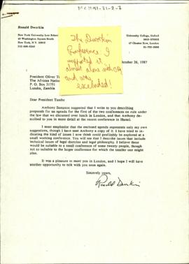 Letter to President of the ANC Oliver Tambo from Ronald Dworkin