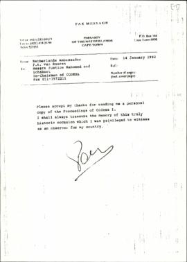 Copy of Fax from Netherlands Ambassador to Messrs. Justice Mahomed and Schabort re: Confirmation ...