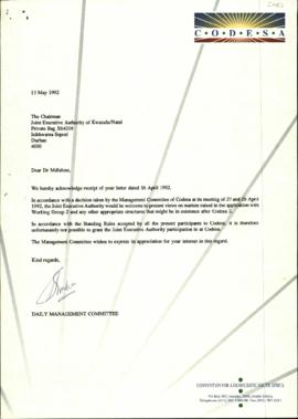 Copy of reply letter from DMC to Dr Mdlalose re: Acknowledgement of receipt of his letter