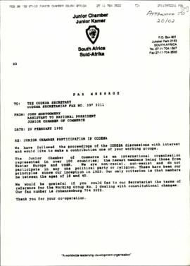 Fax letter from Junior Chamber to The Secretariat re: Participation of Junior Chamber of Commerce...