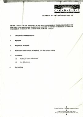 Agenda for the meeting of the Subcommittee on the participation of the King of the Zulus and othe...