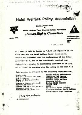 Natal Welfare Policy Association: Social Assistance Bill